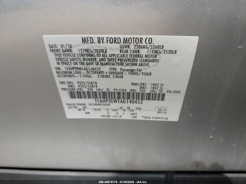 2010 Ford Taurus Sel VIN: 1FAHP2EW1AG140452 Lot: 45679179