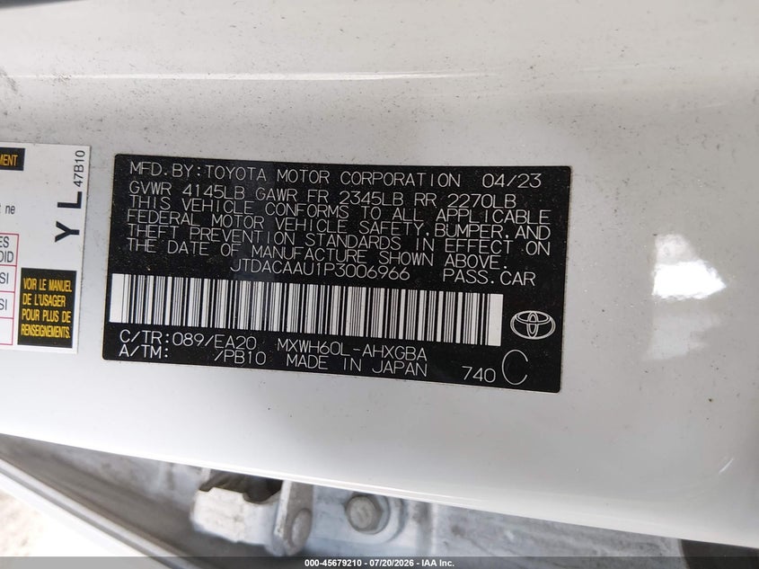 2023 Toyota Prius Xle VIN: JTDACAAU1P3006966 Lot: 45679210
