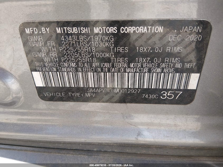2021 Mitsubishi Outlander Sport 2.0 Se 2Wd VIN: JA4APVAU5MU012927 Lot: 45679235