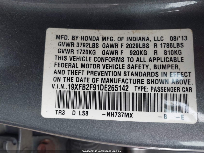 2013 Honda Civic Ex-L VIN: 19XFB2F91DE265142 Lot: 45679245