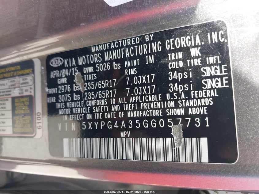 2016 Kia Sorento 2.4L L VIN: 5XYPG4A35GG057731 Lot: 45679274