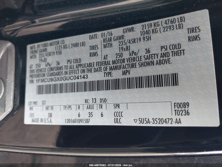 2016 Ford Escape Se VIN: 1FMCU9GX0GUC04143 Lot: 45679382