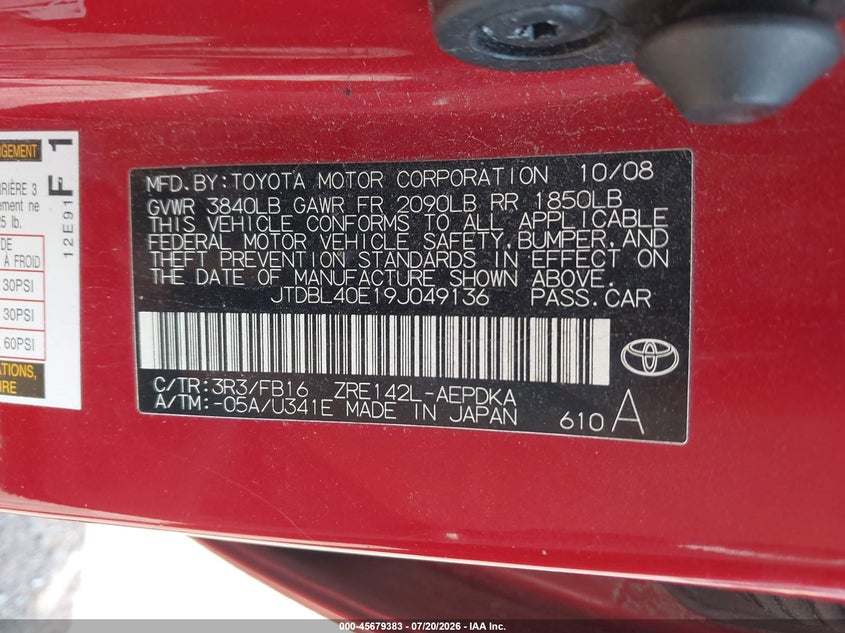 2009 Toyota Corolla Le VIN: JTDBL40E19J049136 Lot: 45679383