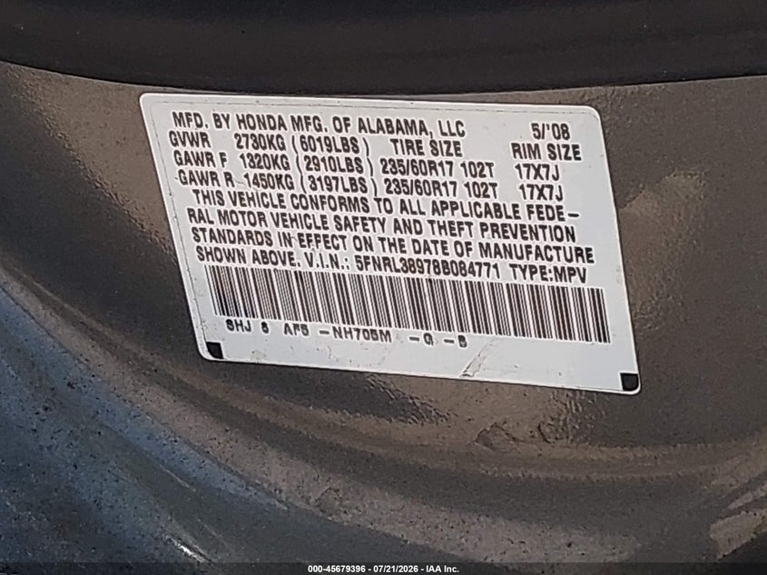 2008 Honda Odyssey Touring VIN: 5FNRL38978B084771 Lot: 45679396