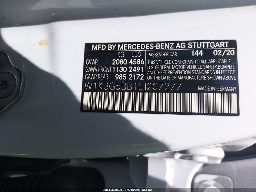 2020 Mercedes-Benz Amg A 35 4Matic VIN: W1K3G5BB1LJ207277 Lot: 45679420