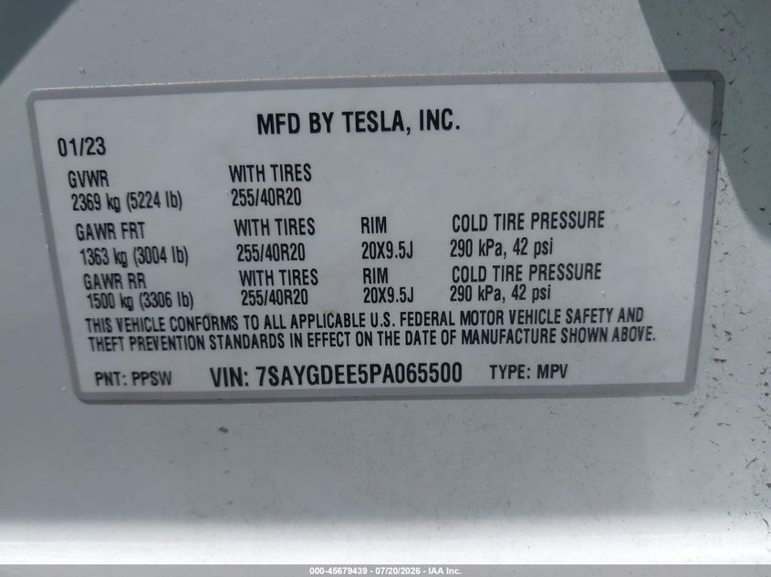 2023 Tesla Model Y Awd/Long Range Dual Motor All-Wheel Drive VIN: 7SAYGDEE5PA065500 Lot: 45679439