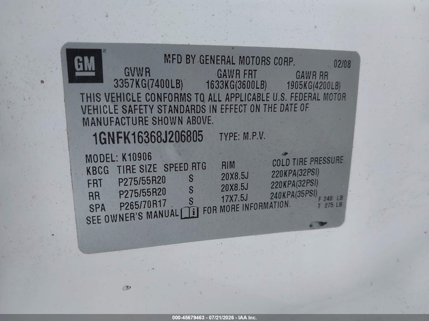 2008 Chevrolet Suburban 1500 Lt VIN: 1GNFK16368J206805 Lot: 45679463