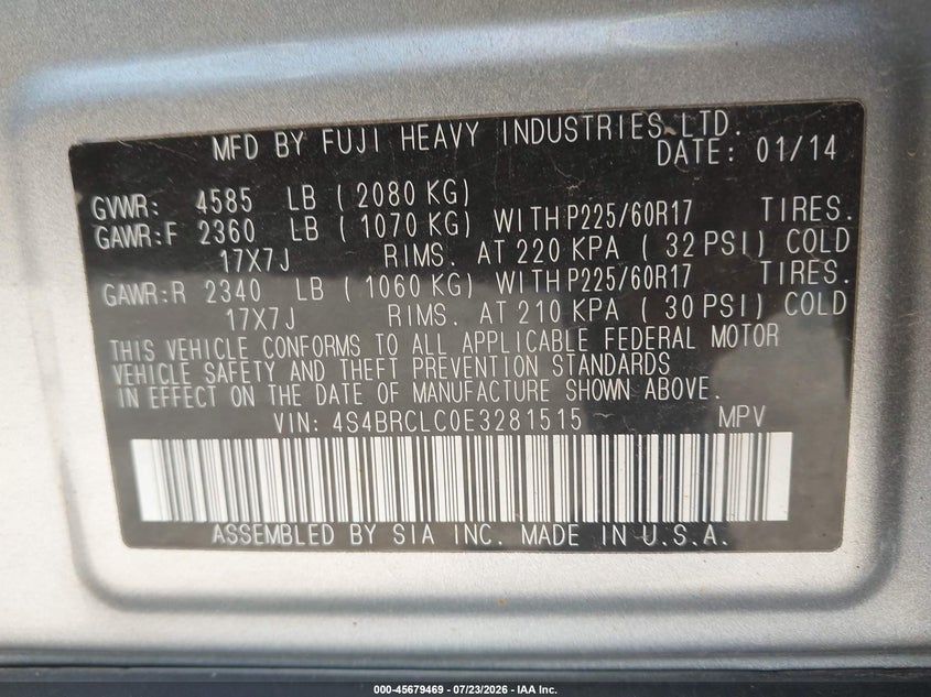 2014 SUBARU OUTBACK SPORT UTILITY VEHICLE 2.5L H-4 DOHC, VVT, 173HP