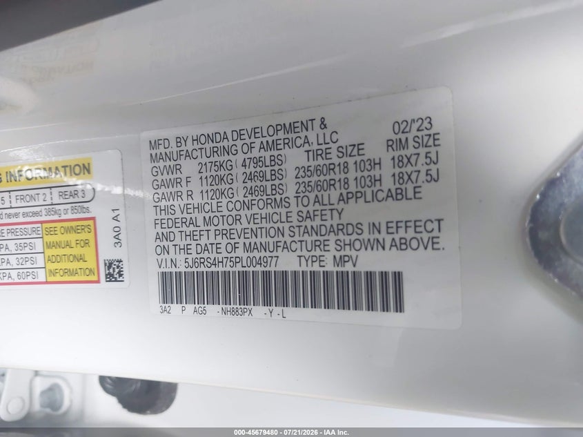 2023 Honda Cr-V Ex-L Awd VIN: 5J6RS4H75PL004977 Lot: 45679480