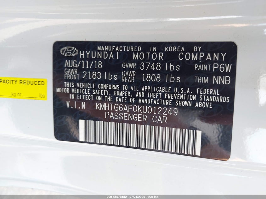 2019 Hyundai Veloster 2.0 VIN: KMHTG6AF0KU012249 Lot: 45679482