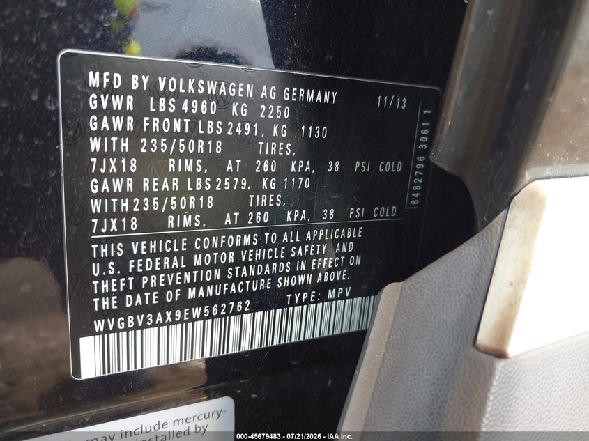 2014 Volkswagen Tiguan Sel VIN: WVGBV3AX9EW562762 Lot: 45679483