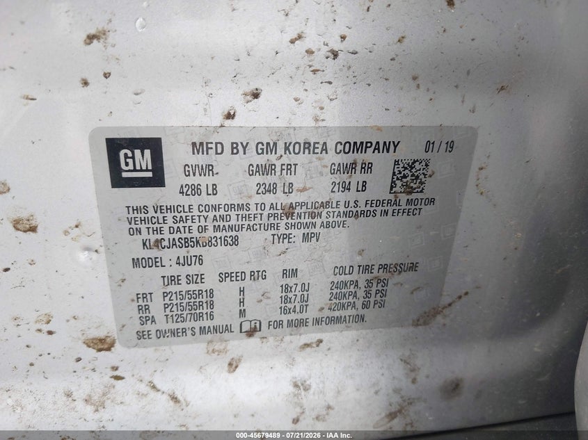 2019 Buick Encore Fwd Preferred VIN: KL4CJASB5KB831638 Lot: 45679489