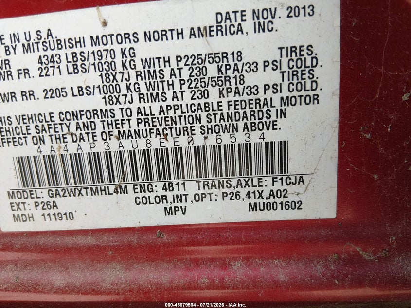 2014 Mitsubishi Outlander Sport Es VIN: 4A4AP3AU8EE016534 Lot: 45679504