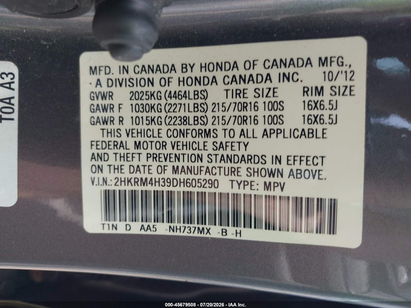 2013 Honda Cr-V Lx VIN: 2HKRM4H39DH605290 Lot: 45679508