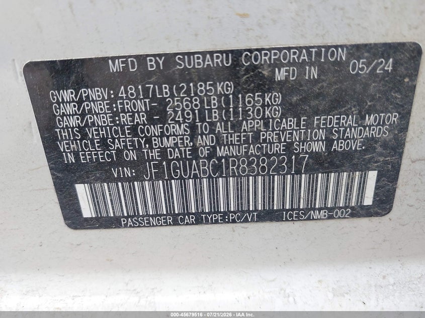 2024 Subaru Impreza Base 5-Door VIN: JF1GUABC1R8382317 Lot: 45679516