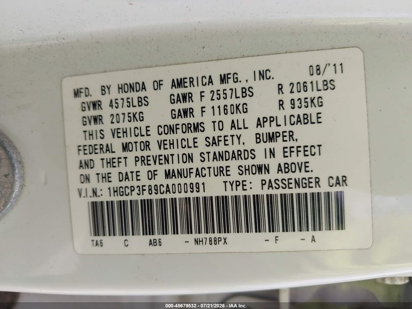 2012 HONDA ACCORD SEDAN 3.5L V-6 VVT, 271HP