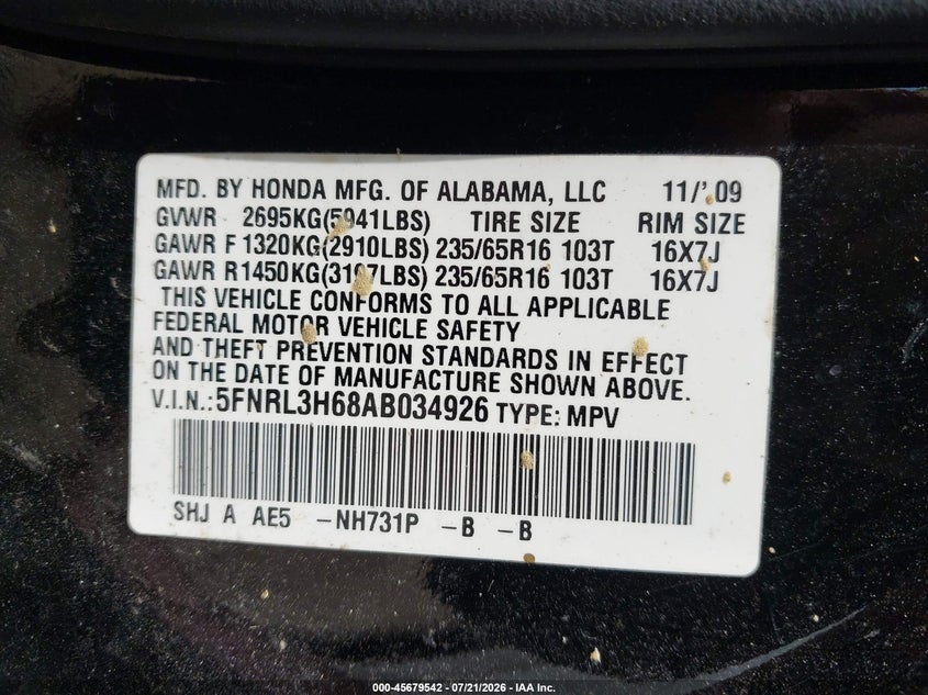 2010 Honda Odyssey Ex-L VIN: 5FNRL3H68AB034926 Lot: 45679542