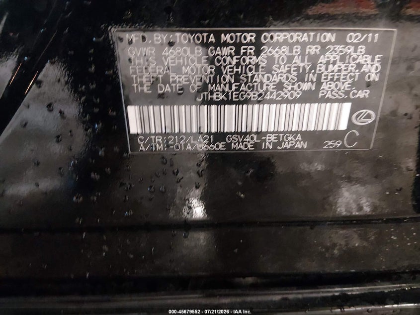 2011 Lexus Es 350 VIN: JTHBK1EG9B2442909 Lot: 45679552