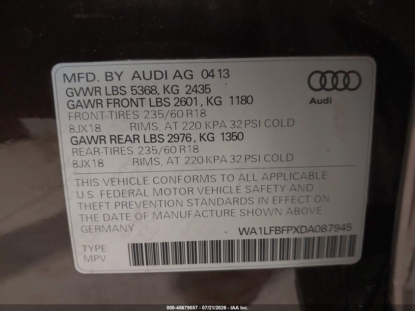 2013 Audi Q5 2.0T Premium VIN: WA1LFBFPXDA087945 Lot: 45679557