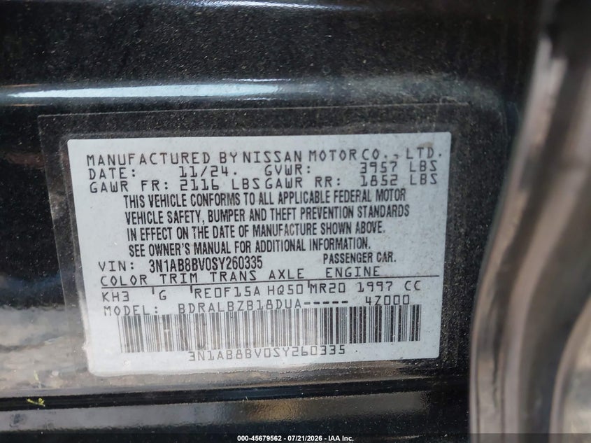 2025 Nissan Sentra S VIN: 3N1AB8BV0SY260335 Lot: 45679562
