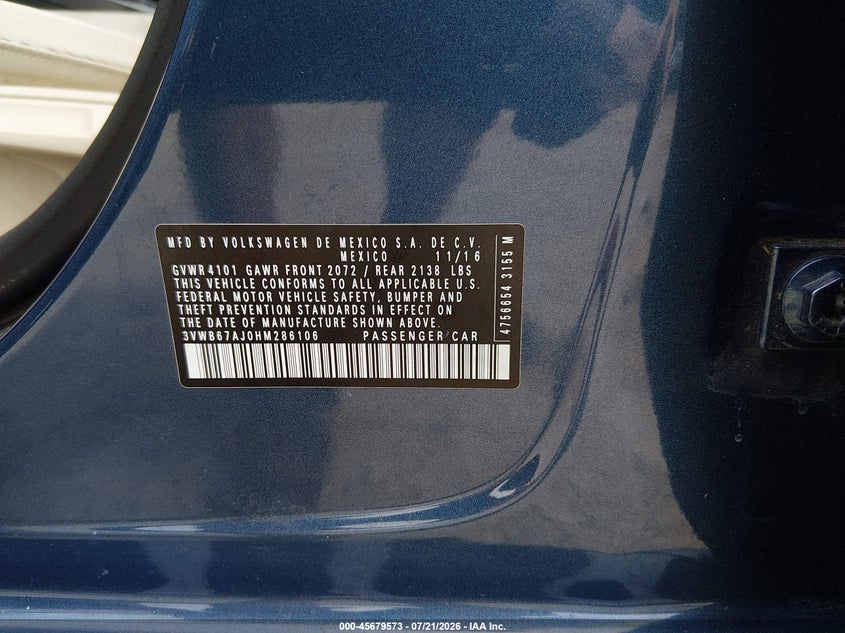 2017 Volkswagen Jetta 1.4T Se VIN: 3VWB67AJ0HM286106 Lot: 45679573