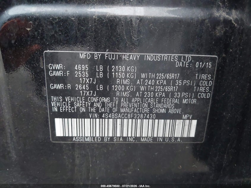 2015 Subaru Outback 2.5I Premium VIN: 4S4BSACC8F3287430 Lot: 45679580