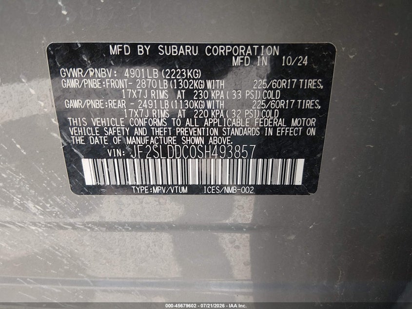 2025 Subaru Forester Premium VIN: JF2SLDDC0SH493857 Lot: 45679602