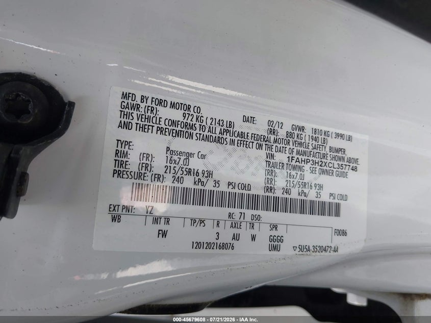 2012 Ford Focus Sel VIN: 1FAHP3H2XCL357748 Lot: 45679608