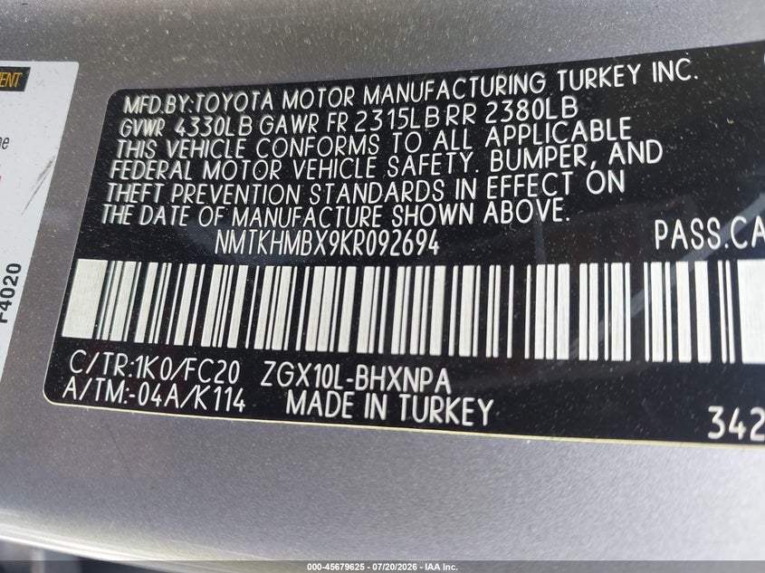 2019 Toyota C-Hr Le VIN: NMTKHMBX9KR092694 Lot: 45679625