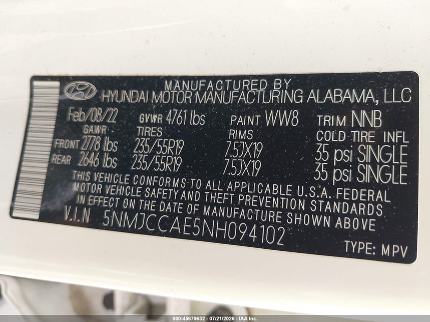 2022 Hyundai Tucson Sel VIN: 5NMJCCAE5NH094102 Lot: 45679632