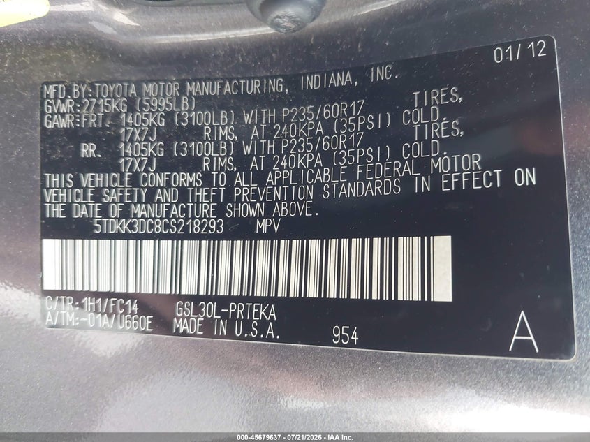 2012 Toyota Sienna Le V6 8 Passenger VIN: 5TDKK3DC8CS218293 Lot: 45679637
