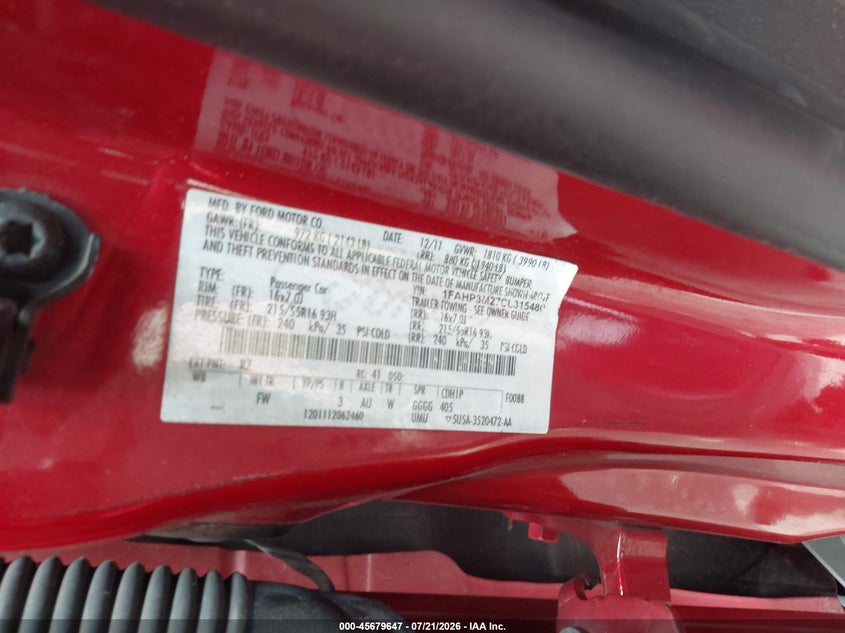 2012 Ford Focus Sel VIN: 1FAHP3M27CL315480 Lot: 45679647