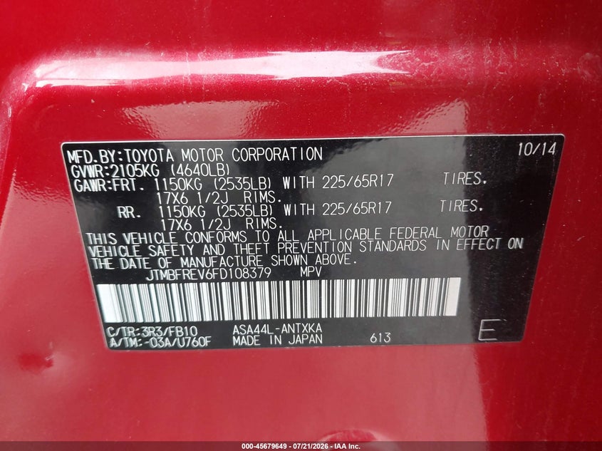 2015 Toyota Rav4 Le VIN: JTMBFREV6FD108379 Lot: 45679649