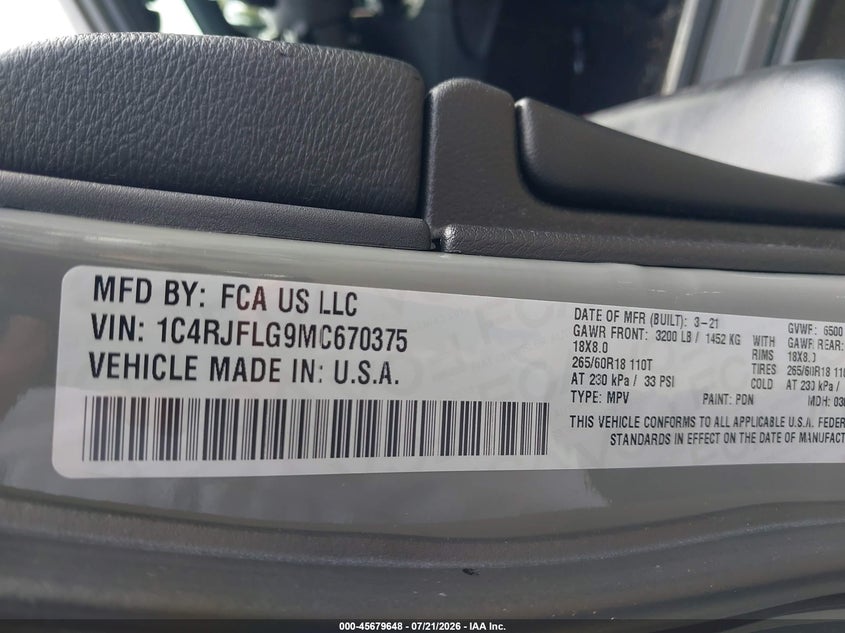 2021 Jeep Grand Cherokee Trailhawk 4X4 VIN: 1C4RJFLG9MC670375 Lot: 45679648