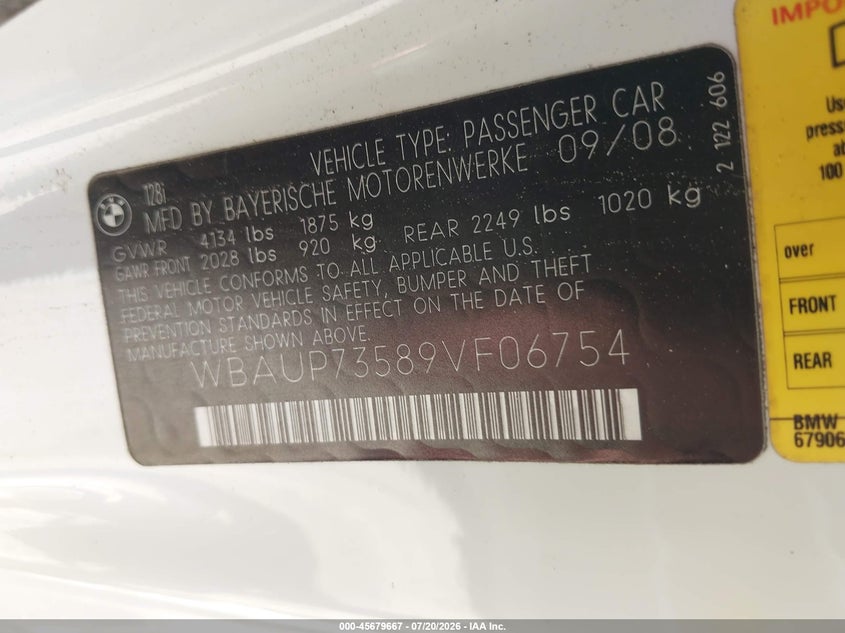 2009 BMW 128I VIN: WBAUP73589VF06754 Lot: 45679667