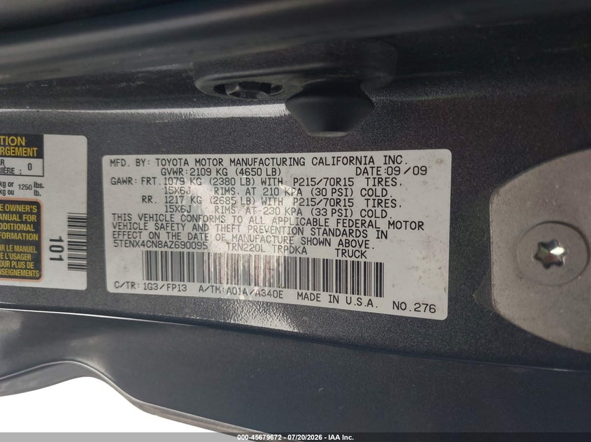 2010 Toyota Tacoma VIN: 5TENX4CN8AZ690095 Lot: 45679672