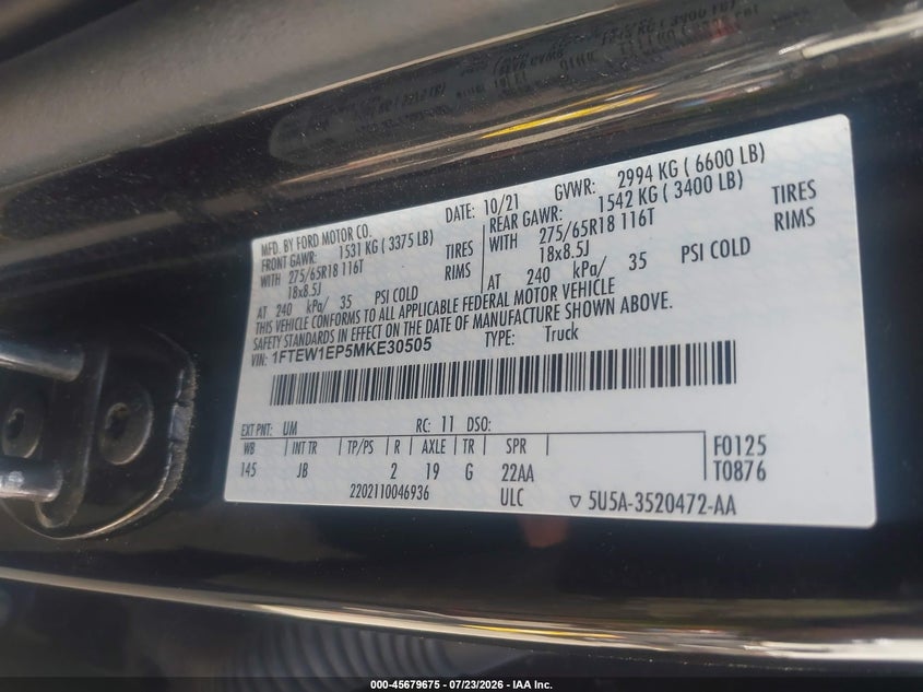 FORD F-150 2021 VIN 1FTEW1EP5MKE30505