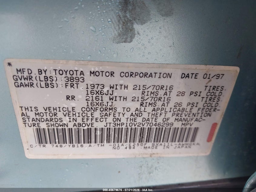 1997 Toyota Rav4 VIN: JT3HP10V2V7046299 Lot: 45679676