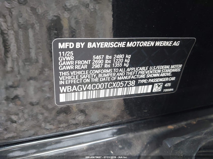2026 BMW 840I Gran Coupe xDrive VIN: WBAGV4C00TCX05738 Lot: 45679687