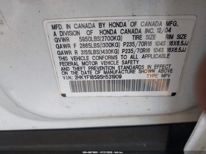 2005 Honda Pilot Ex-L VIN: 2HKYF18595H531909 Lot: 45679691