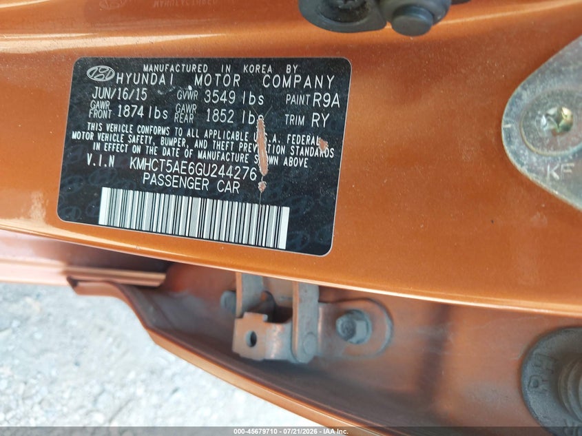 2016 Hyundai Accent Se VIN: KMHCT5AE6GU244276 Lot: 45679710