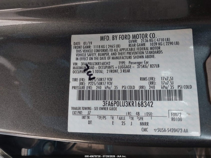2019 Ford Fusion Hybrid Se VIN: 3FA6P0LU3KR168342 Lot: 45679738