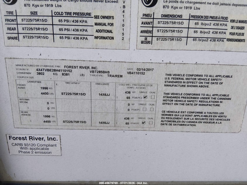 2017 OTHER FOREST RIVER VIBE CAMPER TRAILER N/A