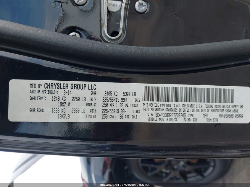 2014 Dodge Journey Sxt VIN: 3C4PDCBB2ET238705 Lot: 45679781