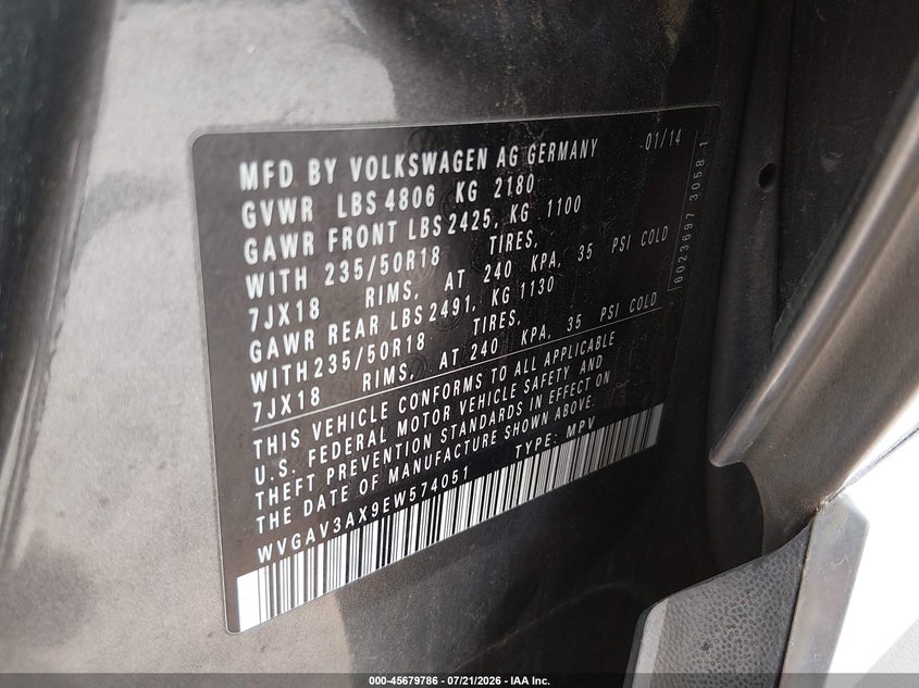 2014 Volkswagen Tiguan Sel VIN: WVGAV3AX9EW574051 Lot: 45679786