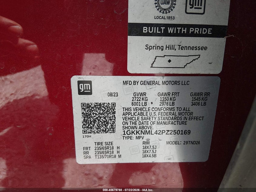 GMC ACADIA 2023 VIN 1GKKNML42PZ250169