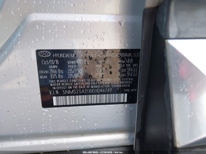 2019 Hyundai Santa Fe Se VIN: 5NMS23ADXKH046749 Lot: 45679805