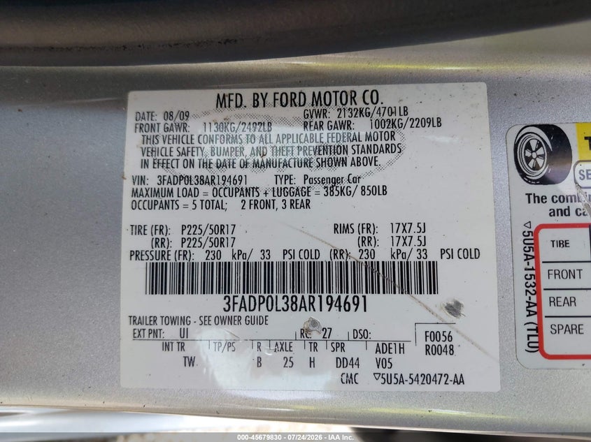 FORD FUSION HYBRID 2010 VIN 3FADP0L38AR194691