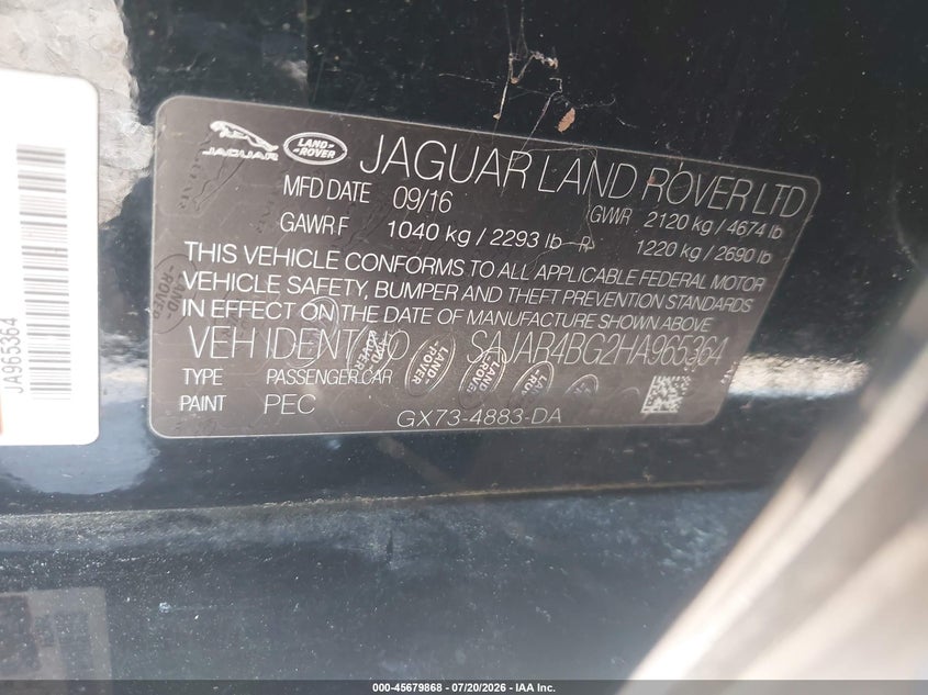 2017 Jaguar Xe 25T VIN: SAJAR4BG2HA965364 Lot: 45679868