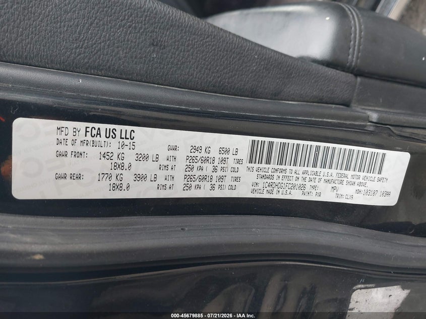 2015 Dodge Durango Limited VIN: 1C4RDHDG1FC201026 Lot: 45679885